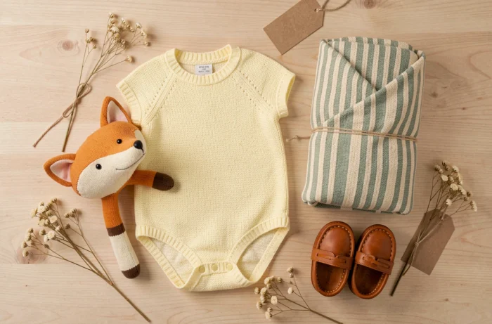 Assortiment de vêtements et accessoires originaux pour bébé disposés en flat lay sur bois naturel, incluant barboteuse tricotée, hochet en coton bio et mocassins en cuir