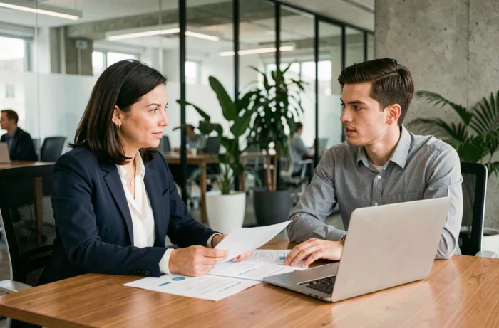 Coach business professionnelle conseillant un entrepreneur dans un bureau moderne lors d'une séance d'accompagnement stratégique