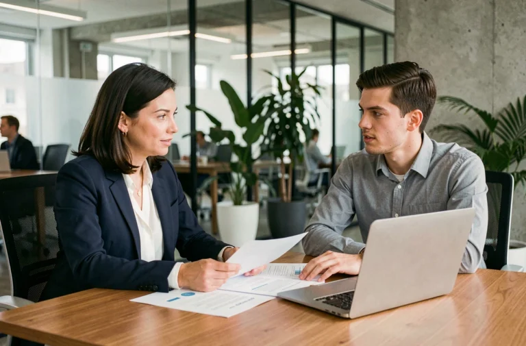 Coach business professionnelle conseillant un entrepreneur dans un bureau moderne lors d'une séance d'accompagnement stratégique