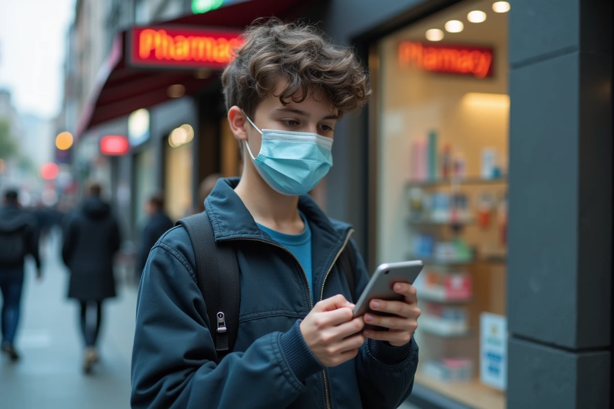 Adolescent avec masque devant une pharmacie en ville