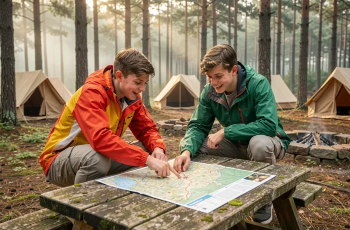 Deux adolescents planifiant leur itinéraire de voyage autour d'une carte dans un campement forestier