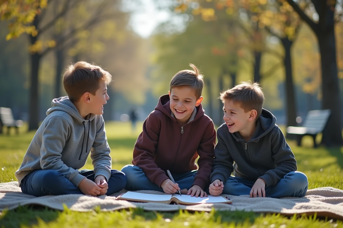 Trois adolescents jouant au jeu 7 14 21 dans un parc urbain