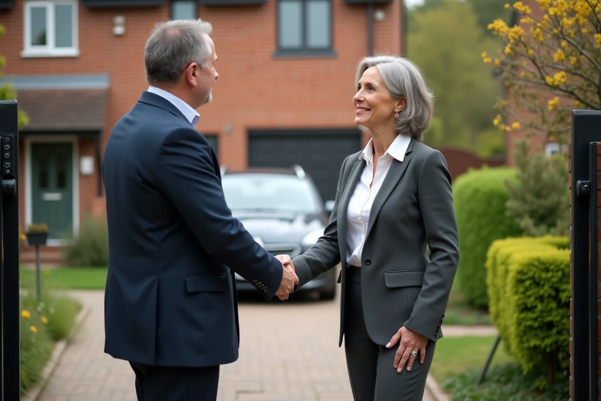 Agent immobilier accueillant un client devant une maison
