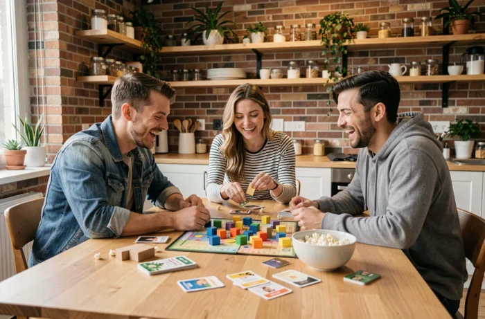 Groupe d'amis jouant à un jeu de société autour d'une table en bois dans un appartement moderne, idée de loisir convivial