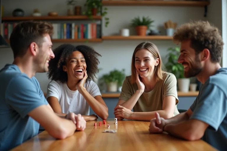 Groupe d'amis jouant au jeu 7 14 21 dans une cuisine lumineuse