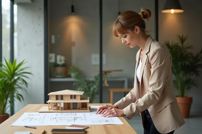Architecte femme regardant un modèle de maison moderne dans un bureau