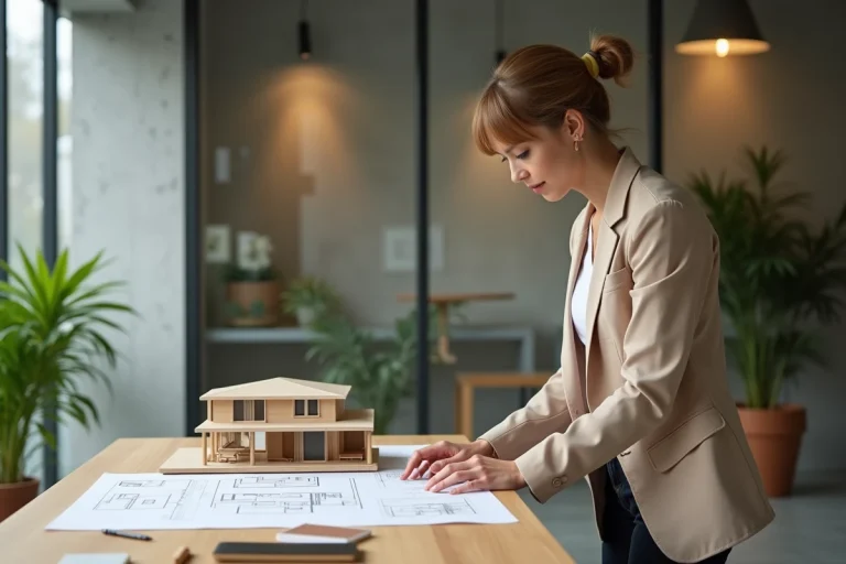 Architecte femme regardant un modèle de maison moderne dans un bureau