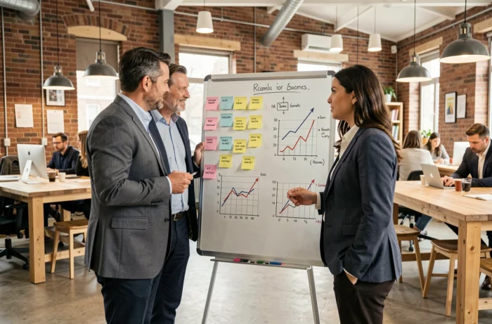 Équipe de dirigeants travaillant ensemble sur un tableau stratégique lors d'un atelier d'accompagnement à la croissance d'entreprise