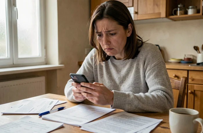 Femme anxieuse attendant une réponse d'attribution de logement social sur son smartphone, entourée de dossiers de demande