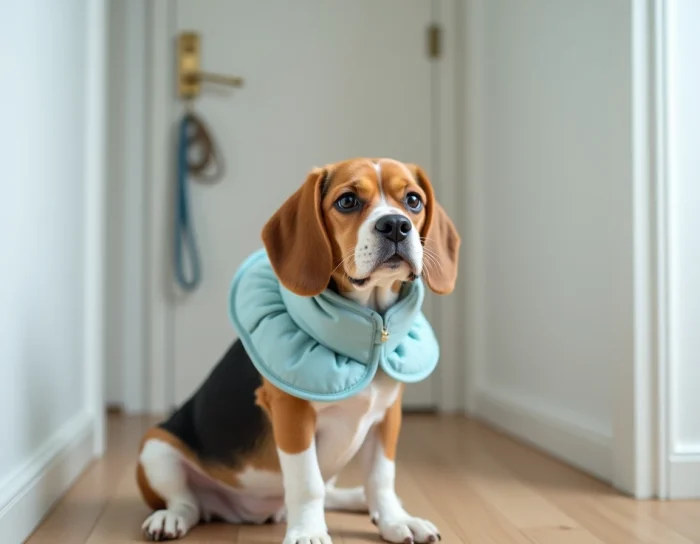 Beagle avec collerette souple assis devant une porte d'entrée en attendant son maître