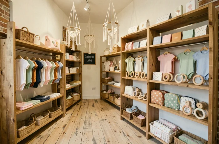 Intérieur d'une boutique de cadeaux bébé tendance avec étagères en bois exposant des bodies colorés en coton bio, mobiles en macramé et jouets de dentition en bois