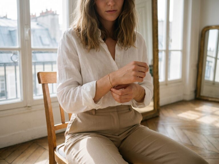 Femme ajustant un bracelet doré délicat sur son poignet, tenue minimaliste en lin blanc, appartement parisien en arrière-plan