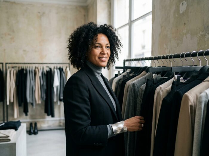Femme élégante portant un bracelet manchette en argent brossé avec un blazer noir dans une boutique parisienne