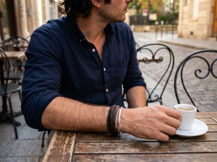 Homme portant un bracelet en cuir tressé et un bracelet argenté superposés sur son poignet, attablé en terrasse de café parisien