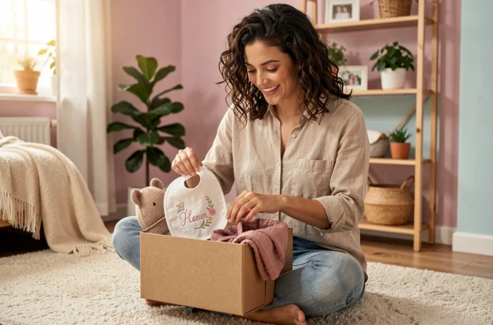 Jeune femme découvrant un cadeau original pour bébé contenant bavoir brodé, bonnet tricoté et lange en mousseline rose, assise dans une chambre cosy décorée