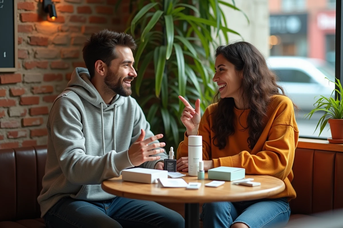 Deux adultes discutent de soins de peau dans un café lumineux