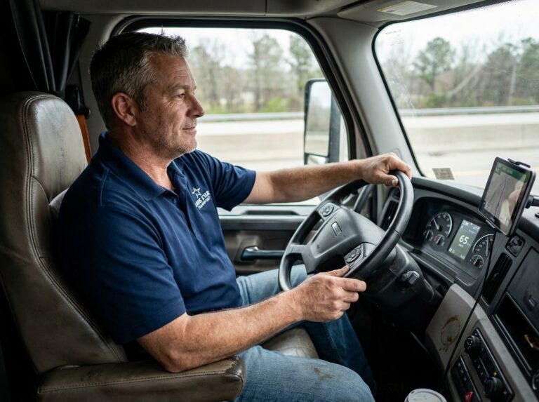 Chauffeur de camion professionnel au volant d'un poids lourd moderne, tableau de bord avec affichage de vitesse numérique visible