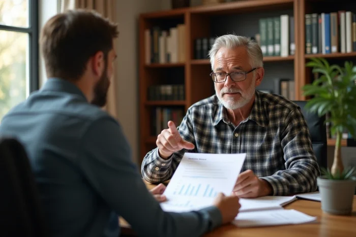 Chef d'entreprise consultant son expert-comptable dans un bureau privé chaleureux, tous deux examinant ensemble un rapport financier imprimé