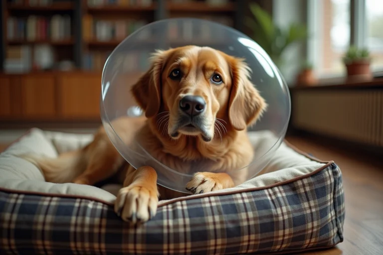 Chien golden retriever portant une collerette transparente allongé sur son coussin dans un salon chaleureux