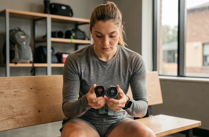 Femme comparant deux montres GPS sport Garmin et Suunto dans un magasin de matériel outdoor