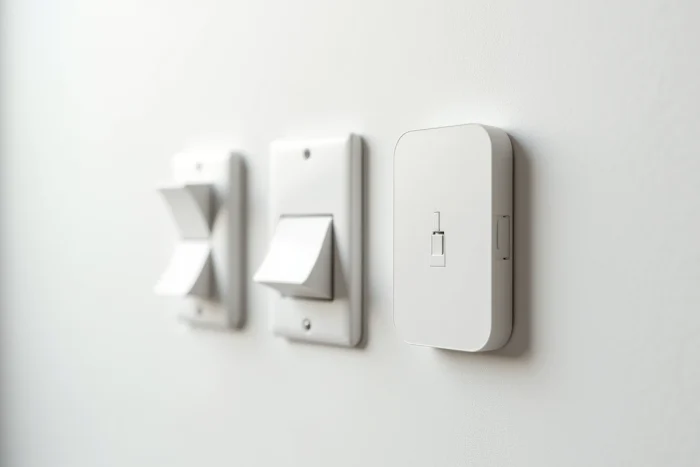 Comparatif de trois interrupteurs électriques Legrand aux designs différents montés sur un mur blanc, vue rapprochée des détails de surface