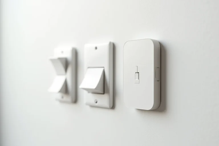 Comparatif de trois interrupteurs électriques Legrand aux designs différents montés sur un mur blanc, vue rapprochée des détails de surface