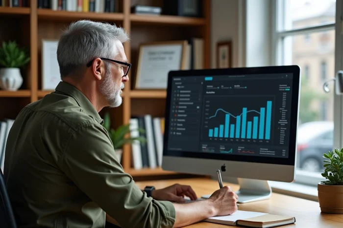 Consultant en data analytics travaillant depuis son bureau à domicile, analysant des tableaux de bord numériques