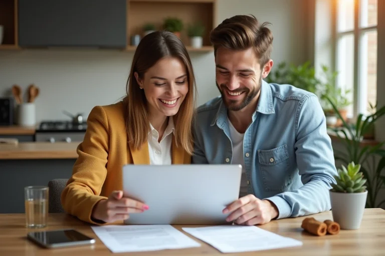Jeune couple souriant dans un appartement moderne