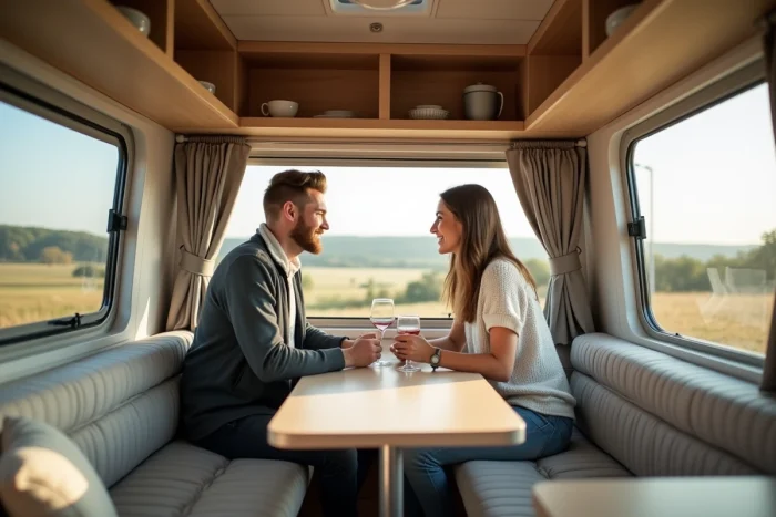 Couple souriant dans une caravane moderne en campagne