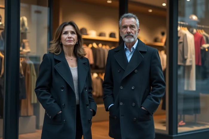 Couple d'adultes devant un magasin de sport fermé