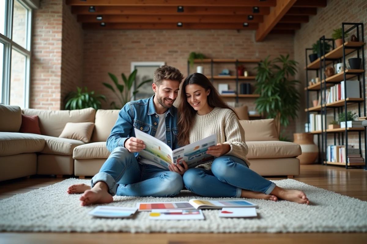 Jeune couple discutant de décoration dans un loft cosy