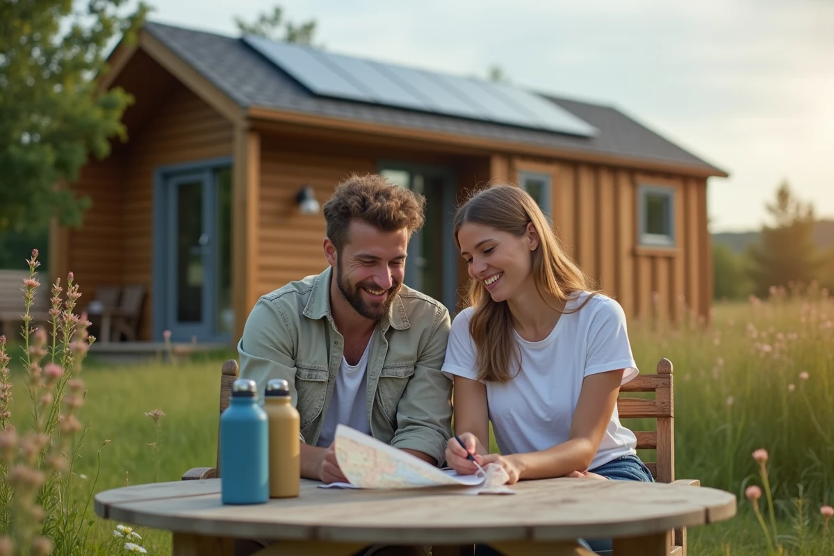 Jeune couple discutant sur une terrasse en nature