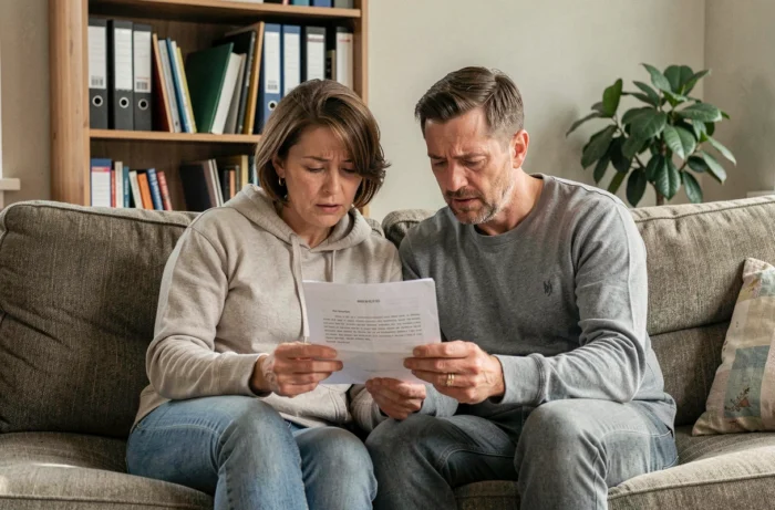 Couple lisant ensemble une lettre de réponse après la commission d'attribution de logement social dans leur salon