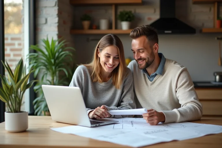 Couple souriant planifiant leur rénovation intérieure
