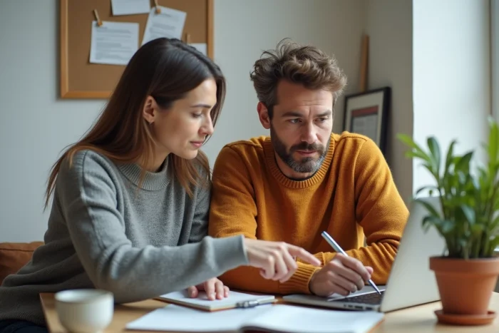 Couple effectuant des recherches en ligne sur les recours après un refus de logement social