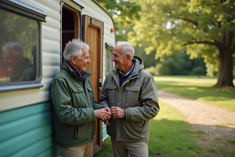 Couple souriant à côté de leur caravane vintage en campagne