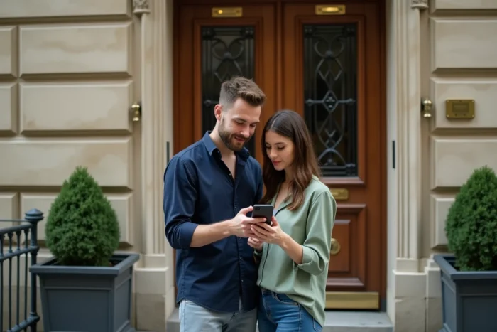 Couple de jeunes locataires examinant une annonce de location sur smartphone devant un immeuble parisien lors d'une visite