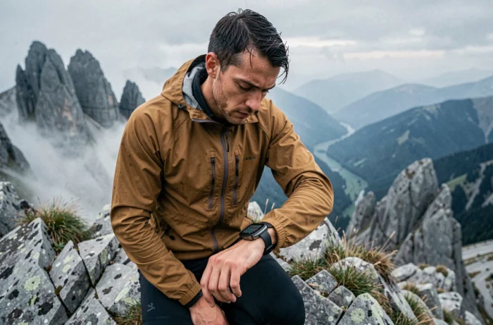 Coureur de trail examinant sa montre GPS Garmin ou Suunto sur une crête rocheuse en montagne