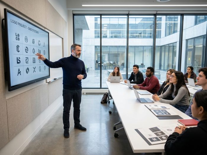 Professeur de design graphique animant une critique de projet devant des étudiants dans une salle de cours moderne