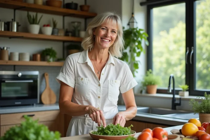 Femme détendue en cuisine écologique moderne lumineuse