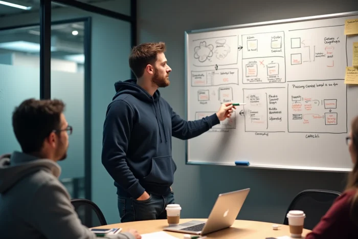 Designer UX expliquant un parcours utilisateur sur un tableau blanc lors d'une réunion dans une startup numérique
