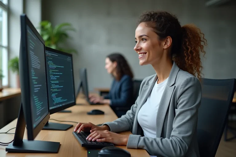Développeuse web concentrée devant ses écrans de code dans un open space moderne, illustrant les métiers du numérique