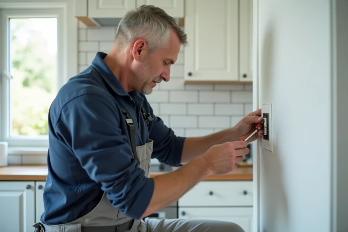 Électricien installant un interrupteur Legrand dans une cuisine moderne, vue trois quarts avec détail du geste professionnel