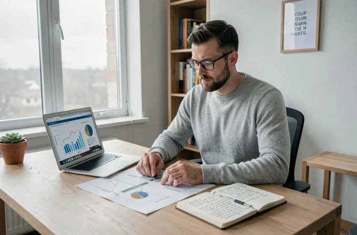 Entrepreneur indépendant analysant une feuille de route de croissance dans son bureau à domicile lors d'un accompagnement business personnalisé