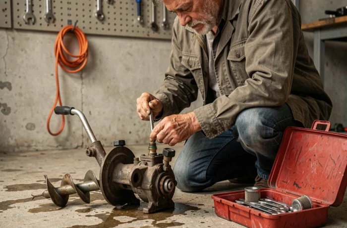 Entretien et inspection du moteur d'une tarière thermique dans un atelier de garage