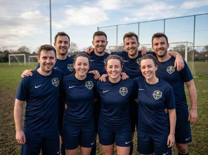 Équipe de sport amateur en maillots assortis avec écussons PVC sur un terrain de football en herbe