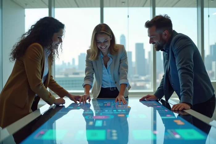 Équipe professionnelle collaborant sur la plateforme Flow3 en ligne autour d'une table interactive dans une salle de réunion moderne
