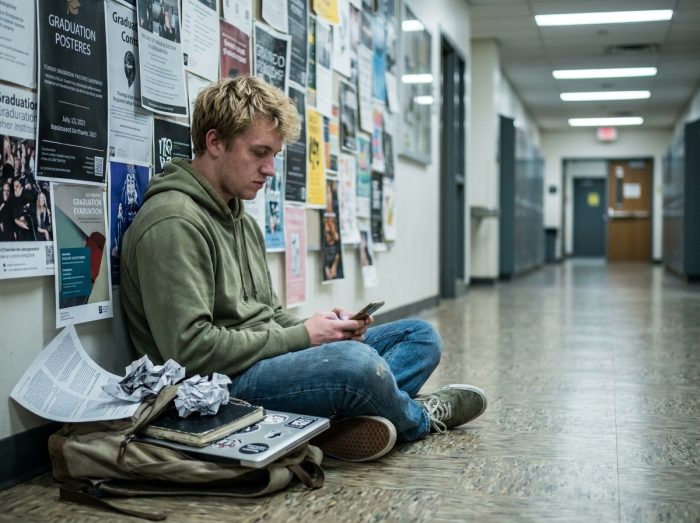 Étudiant en design graphique fatigué assis dans un couloir d'école d'art entouré de travaux affichés