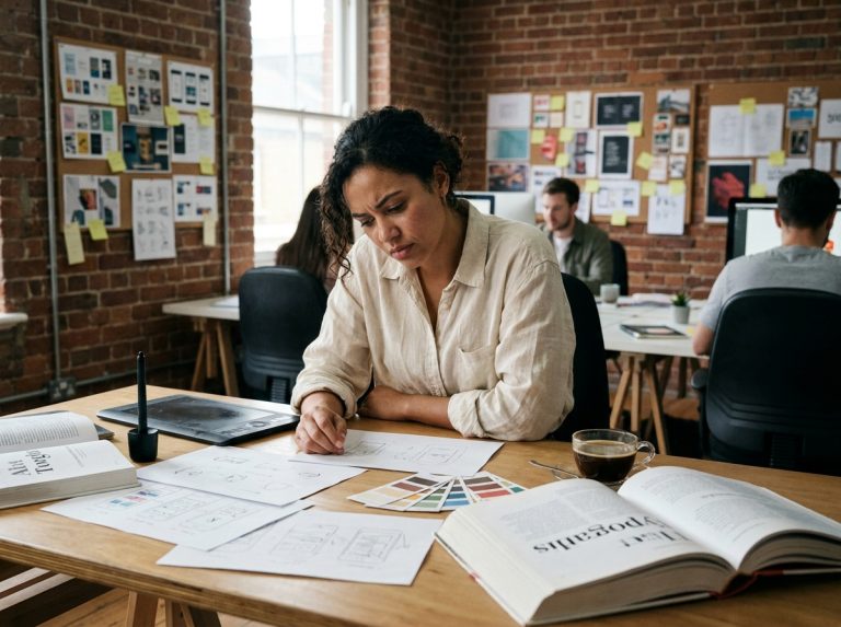Étudiante en design graphique travaillant sur des esquisses typographiques dans un studio créatif encombré