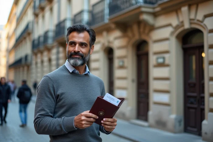 Expatrié tenant sa carte consulaire devant un bâtiment consulaire en Europe